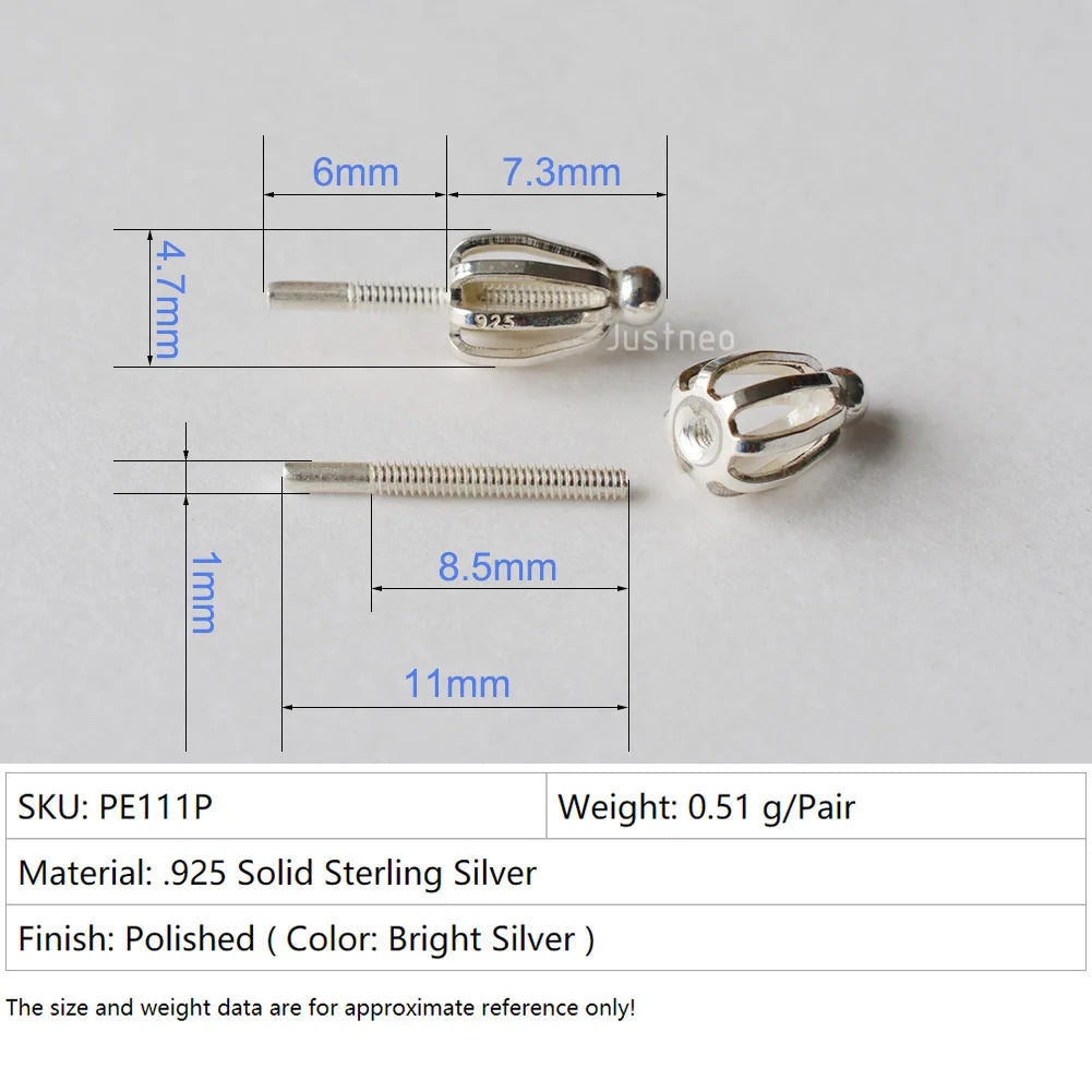 Solid 925 Sterling Silver screw Stud Earring Post Pin with screw earring backs for Pearl earring stud Jewelry diy Components