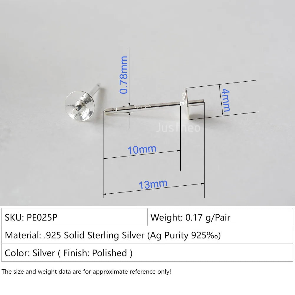 Solid 925 Sterling Silver Earring Studs Ear Post Finding with Cupped Pad for Holding Pearl Gemstone Beads
