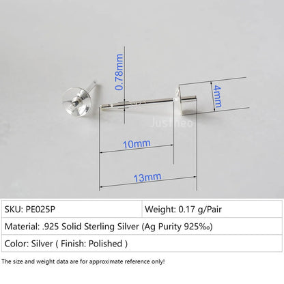 Solid 925 Sterling Silver Earring Studs Ear Post Finding with Cupped Pad for Holding Pearl Gemstone Beads