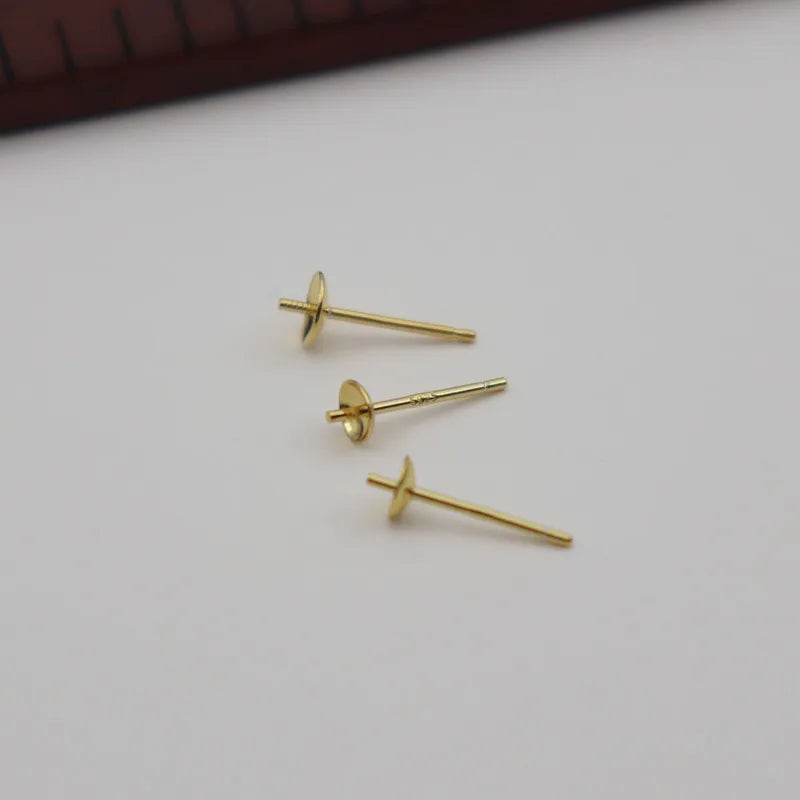 1Pair Solid 925 Sterling Silver Earring Holder Empty DIY Accessories 18K Gold Color Half Hole Pearl Round Beads Plate Ear