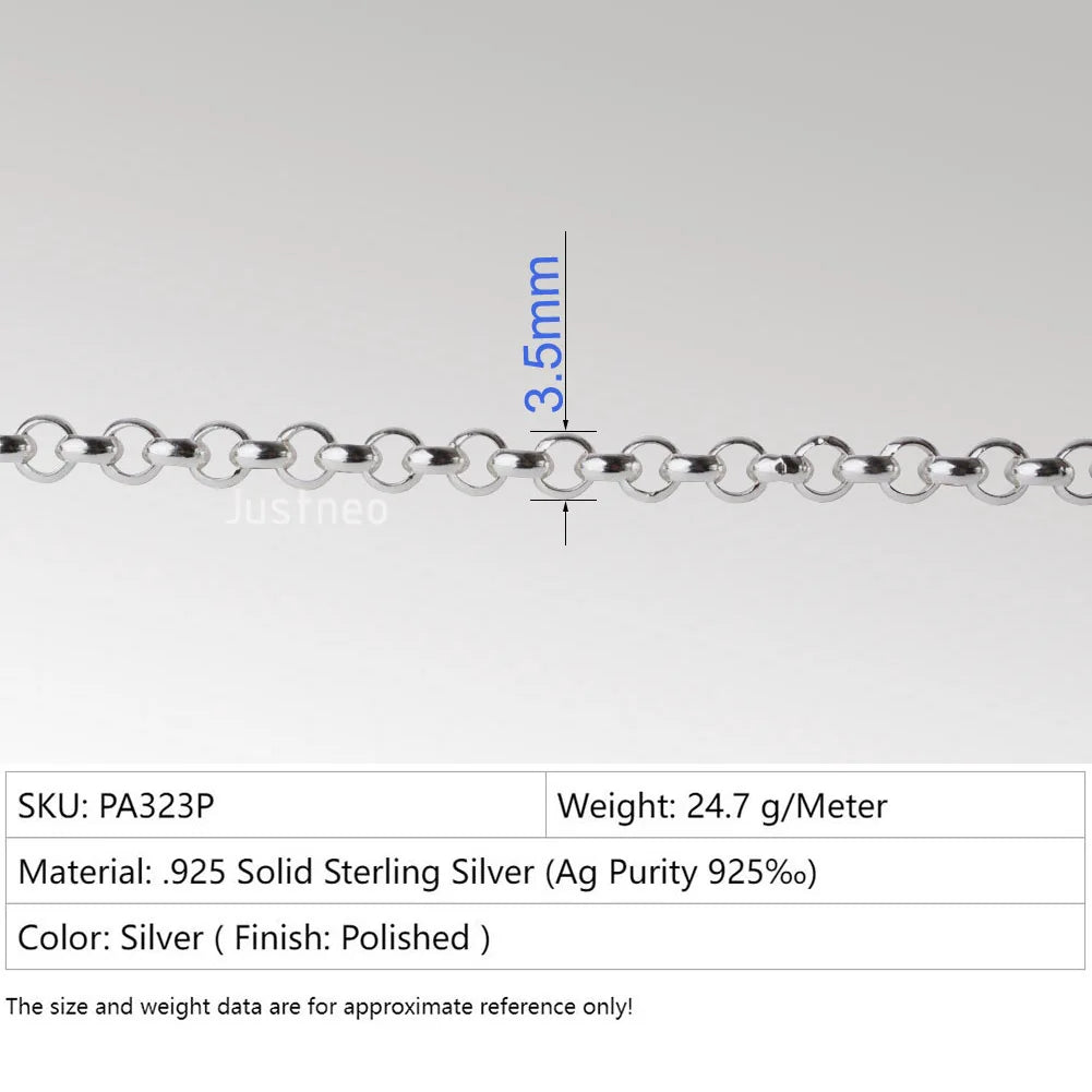 Solid 925 Sterling Silver Rollo/Rolo Chain Loose Rope Link for Jewelry Diy Components and Findings