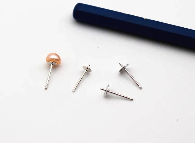 1 Pair Earring Studs Solid 925 Sterling Silver Ear Post Finding with Cupped Pad for Holding Pearl Beads Stones DIY Accessories