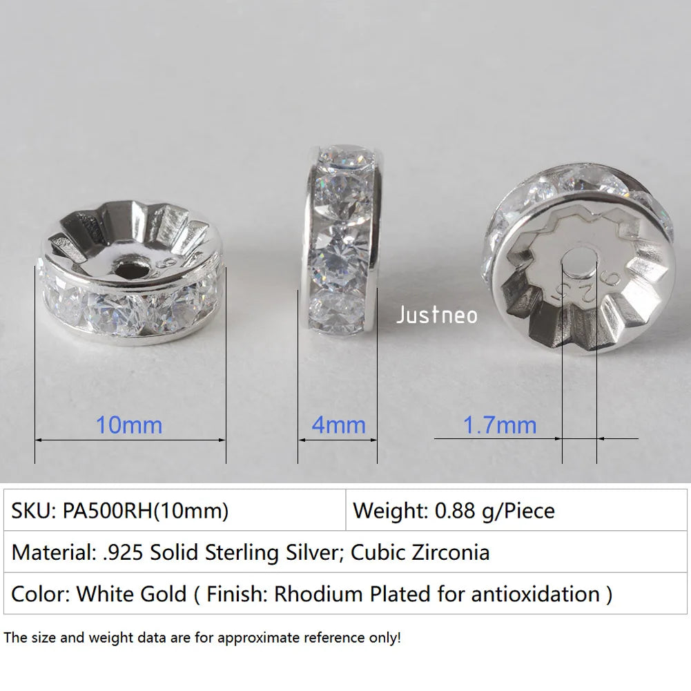 925 Sterling Silver CZ Rondelle Spacer Beads, Silver Clear Cubic Zirconia Loose Beads for DIY Craft Jewelry Making