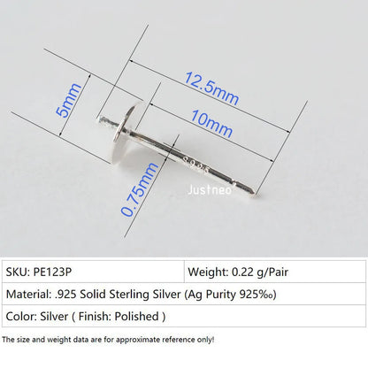 925 Sterling Silver blank post stud earrings with Flat Pad for jewelry making