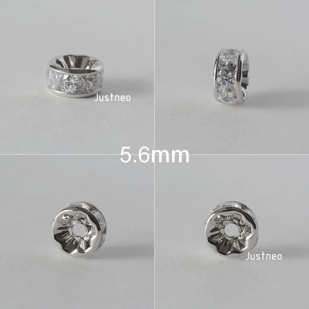 925 Sterling Silver CZ Rondelle Spacer Beads, Silver Clear Cubic Zirconia Loose Beads for DIY Craft Jewelry Making