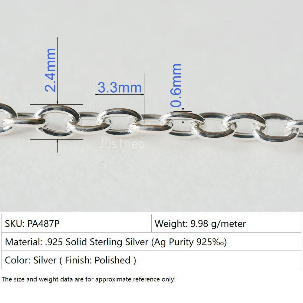 Solid 925 Sterling Silver Oval Cable Chain bulk Loose Rope Link for Jewelry making Diy Components and Findings, 1 meter