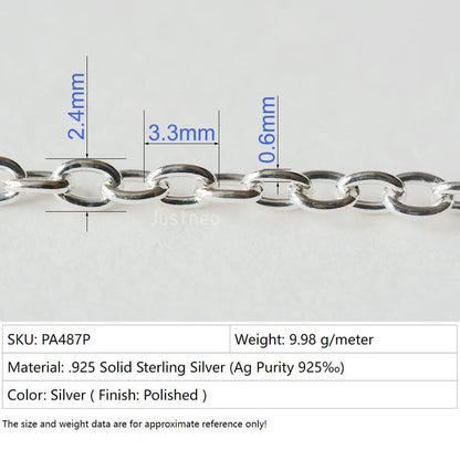 Solid 925 Sterling Silver Oval Cable Chain bulk Loose Rope Link for Jewelry making Diy Components and Findings, 1 meter