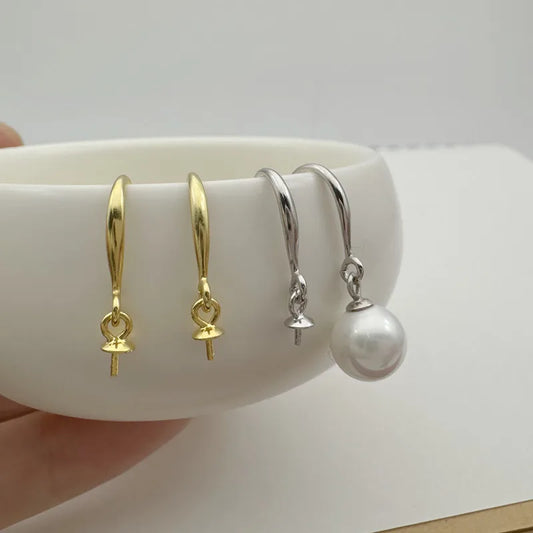 1Pair Solid 925 Sterling Silver Earring Hooks with Pearl Pins for Beads DIY Jewelry Accessories Making Components 18k Gold Color