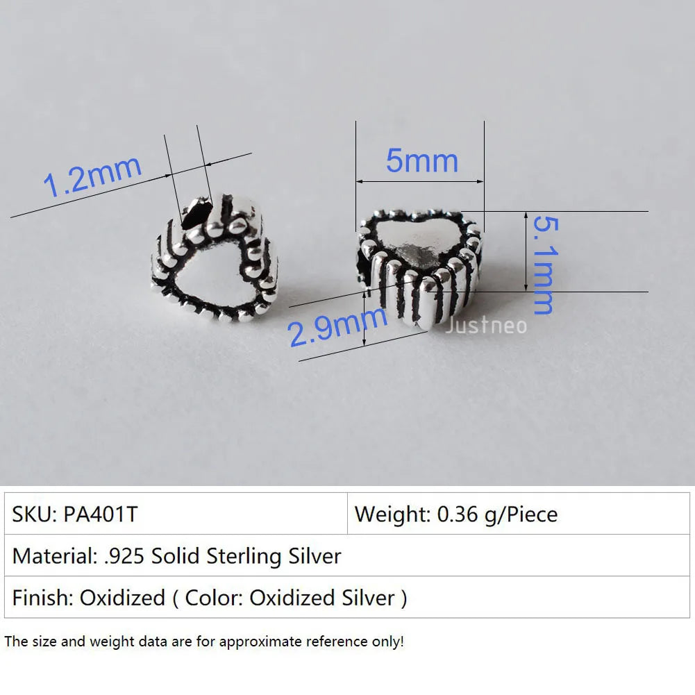 solid 925 sterling silver Heart-shaped charm beads, Thai Silver spacer loose bead with 1.2mm hole jewelry diy components