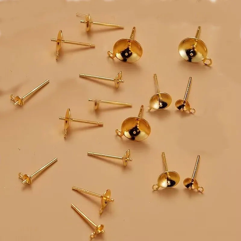 1Pair Solid 925 Sterling Silver Earring Settings  Plate Neddle with Closed Jump Ring DIY Accessories Making  18k Gold Color