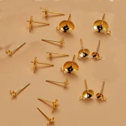 1Pair Solid 925 Sterling Silver Earring Settings  Plate Neddle with Closed Jump Ring DIY Accessories Making  18k Gold Color