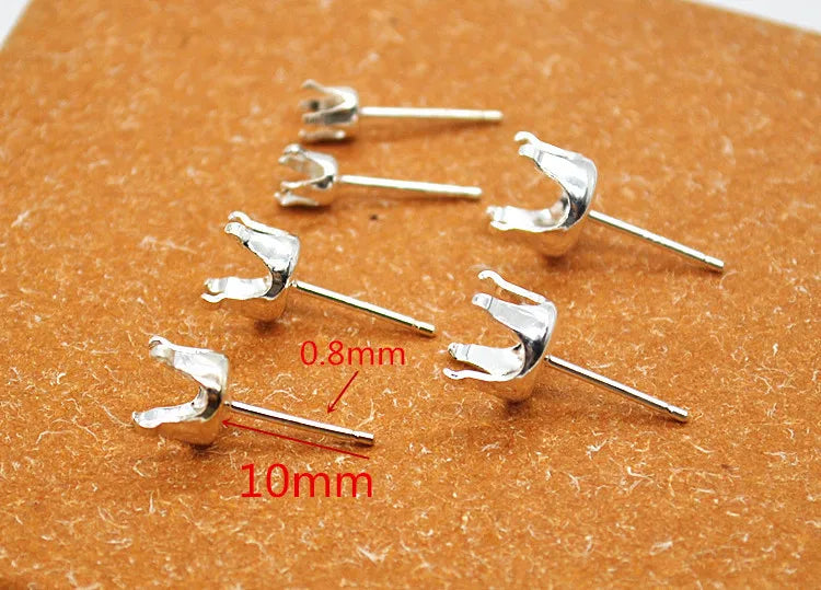 1 Pair Solid Sterling Silver Round Earring Stud Post Components Prongy for Jewelry Stones Beads Making Snaps in Settings
