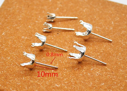1 Pair Solid Sterling Silver Round Earring Stud Post Components Prongy for Jewelry Stones Beads Making Snaps in Settings