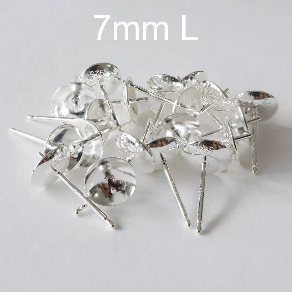Solid 925 Sterling Silver Earring Studs Ear Post Finding with Cupped Pad for Holding Pearl Gemstone Beads