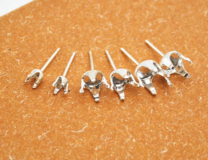 1 Pair Solid Sterling Silver Round Earring Stud Post Components Prongy for Jewelry Stones Beads Making Snaps in Settings