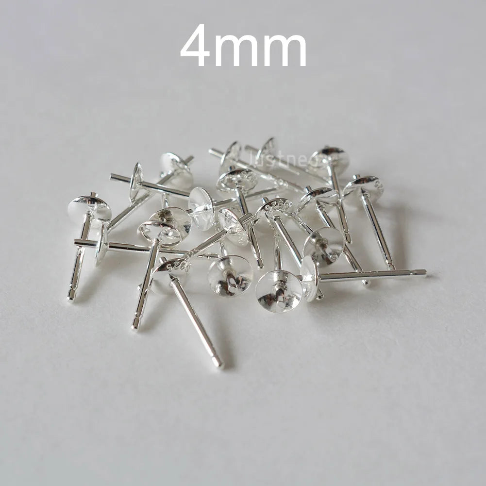 Solid 925 Sterling Silver Earring Studs Ear Post Finding with Cupped Pad for Holding Pearl Gemstone Beads