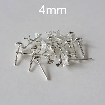 Solid 925 Sterling Silver Earring Studs Ear Post Finding with Cupped Pad for Holding Pearl Gemstone Beads