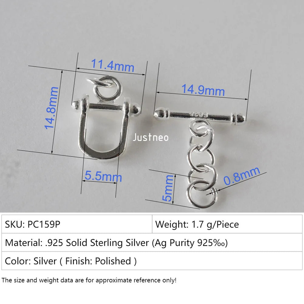 925 Sterling Silver Horseshoe Shape Toggle Clasp, Real Silver OT Bar Closure for Handmade Jewelry Design