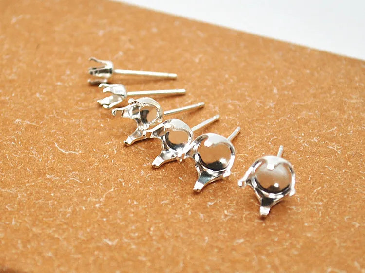 1 Pair Solid Sterling Silver Round Earring Stud Post Components Prongy for Jewelry Stones Beads Making Snaps in Settings