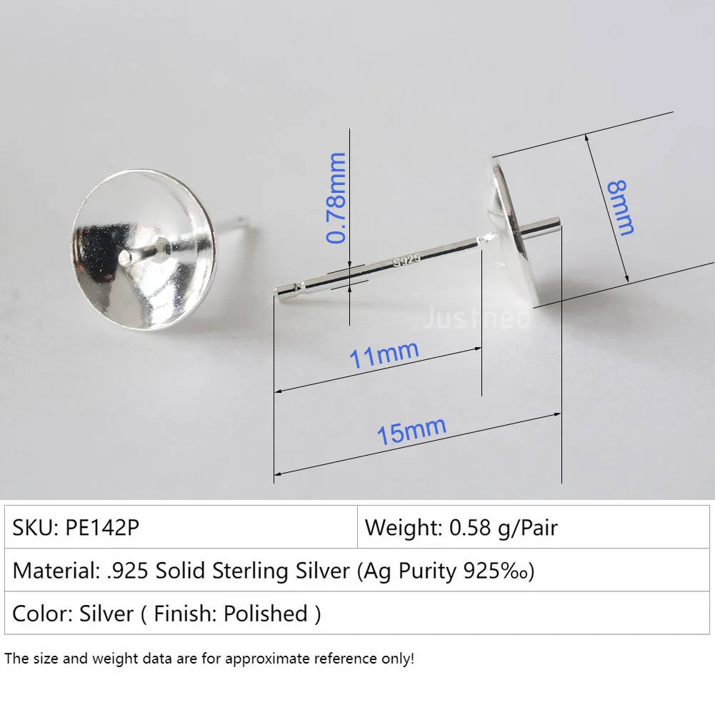 Solid 925 Sterling Silver Earring Studs Ear Post Finding with Cupped Pad for Holding Pearl Gemstone Beads