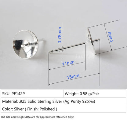 Solid 925 Sterling Silver Earring Studs Ear Post Finding with Cupped Pad for Holding Pearl Gemstone Beads