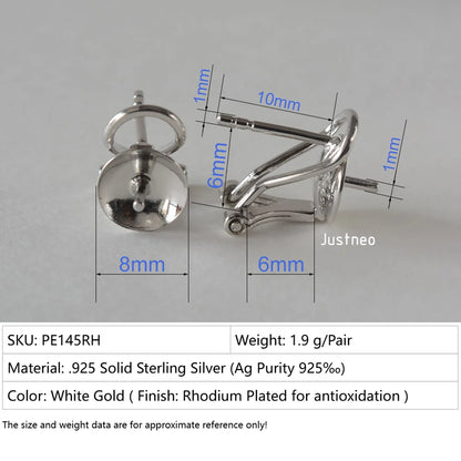 925 Sterling Silver Earring Stud Posts and Pull-up Backs with 8mm Pearl earring cups for Jewelry making supplies