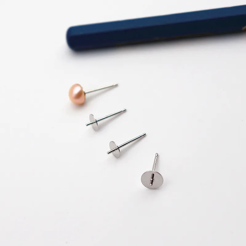 1 Pair Earring Studs Solid 925 Sterling Silver Ear Post Finding with Cupped Pad for Holding Pearl Beads Stones DIY Accessories