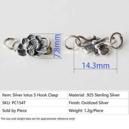 Solid .925 Sterling Silver S Hook Clasp, Oxidized Silver S-Hook Clasp Connector, Antiqued Silver Jewelry Finding