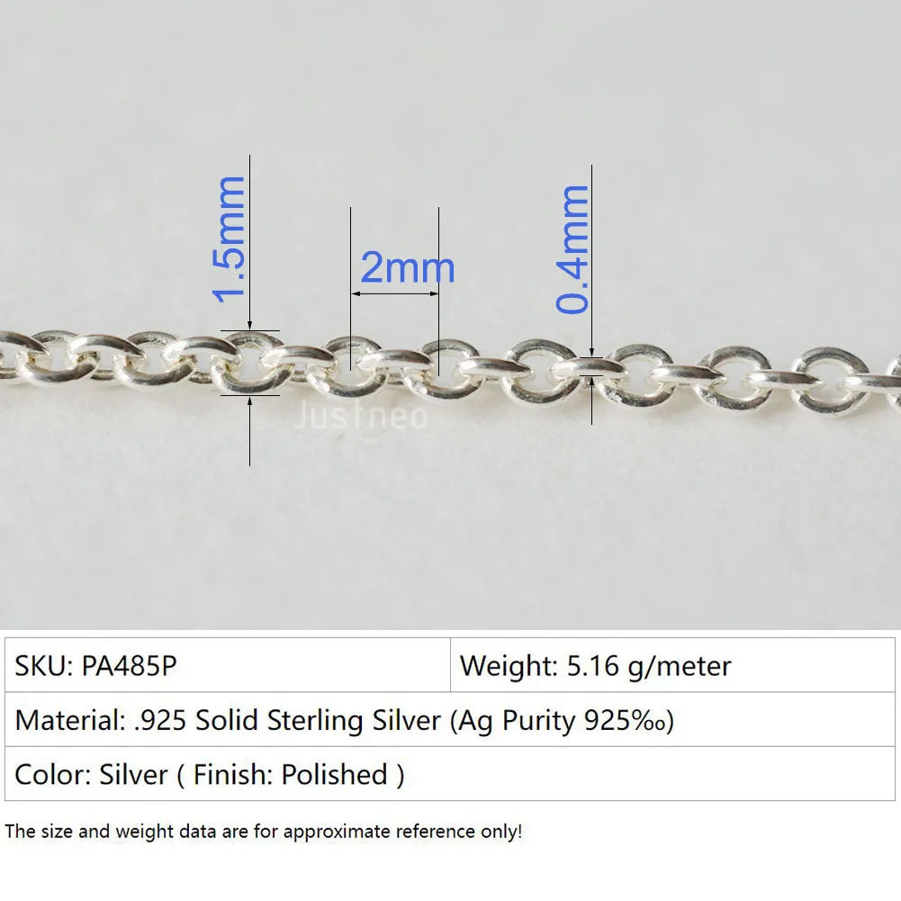 Solid 925 Sterling Silver Oval Cable Chain bulk Loose Rope Link for Jewelry making Diy Components and Findings, 1 meter