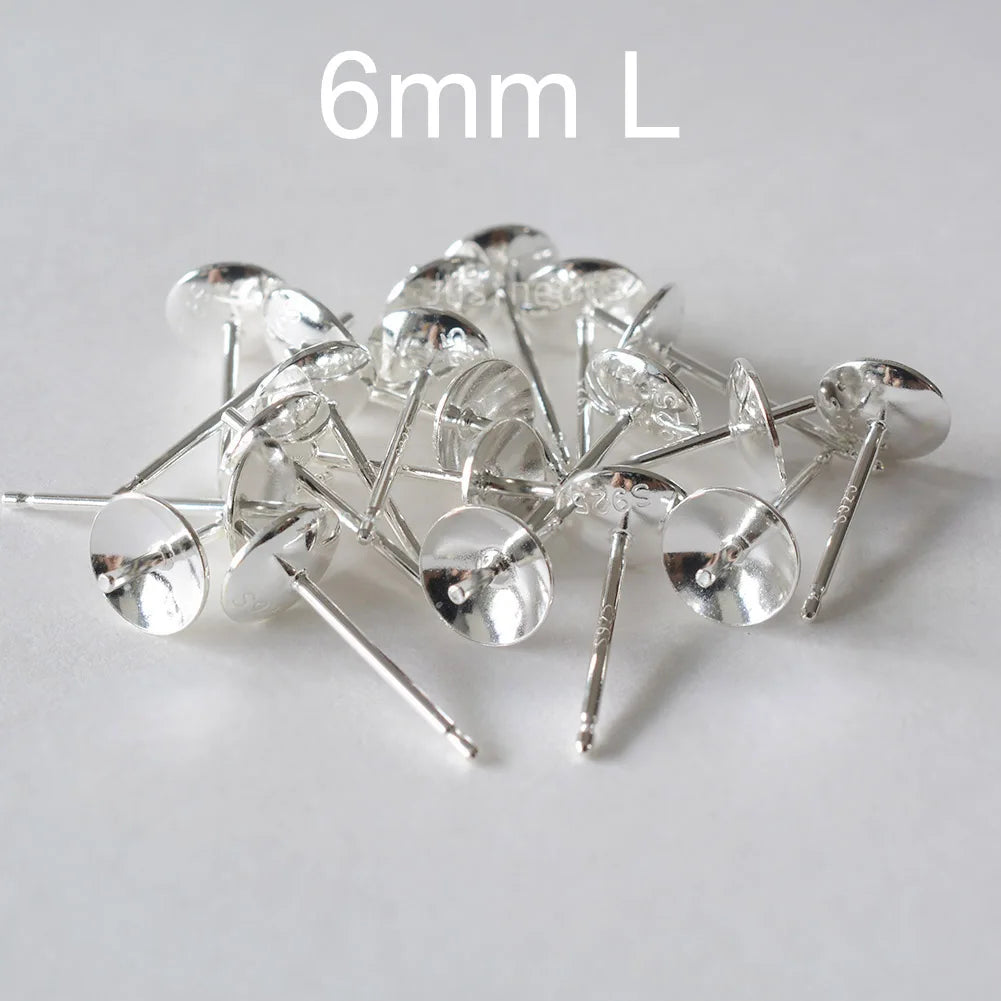 Solid 925 Sterling Silver Earring Studs Ear Post Finding with Cupped Pad for Holding Pearl Gemstone Beads