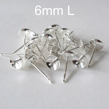 Solid 925 Sterling Silver Earring Studs Ear Post Finding with Cupped Pad for Holding Pearl Gemstone Beads