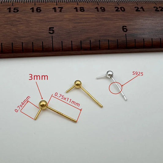 1Pair Solid 925 Sterling Silver 3mm Earring for Round Pearl beads DIY Accessories Making Components Finding