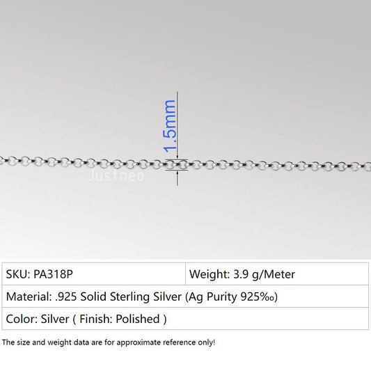 Solid 925 Sterling Silver Rollo/Rolo Chain Loose Rope Link for Jewelry Diy Components and Findings