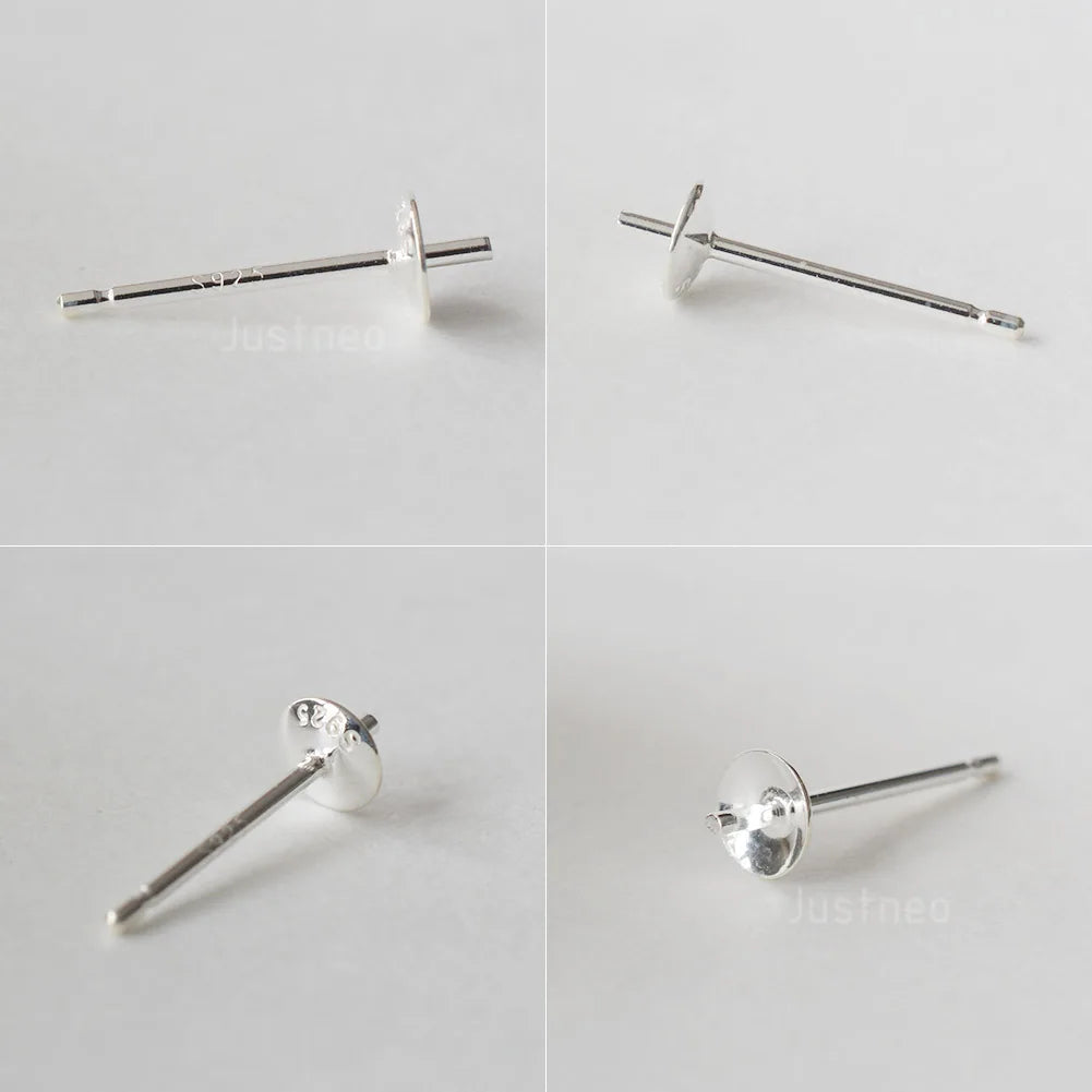 Solid 925 Sterling Silver Earring Studs Ear Post Finding with Cupped Pad for Holding Pearl Gemstone Beads