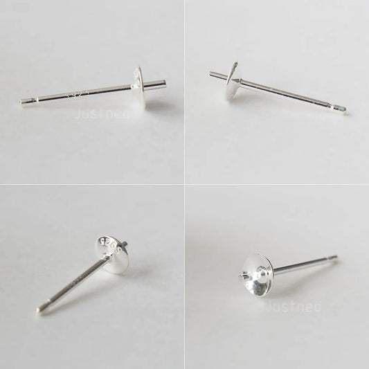 Solid 925 Sterling Silver Earring Studs Ear Post Finding with Cupped Pad for Holding Pearl Gemstone Beads