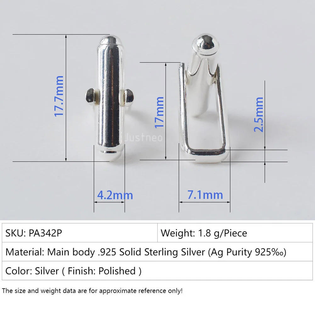 Solid 925 Sterling Silver Cufflink Fitting Base Round Bar with U Arm Assembled, DIY components