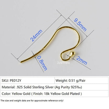 ear hook,24*0.8mm solid 925 sterling silver earring wire hooks with 2mm ball ,1pair
