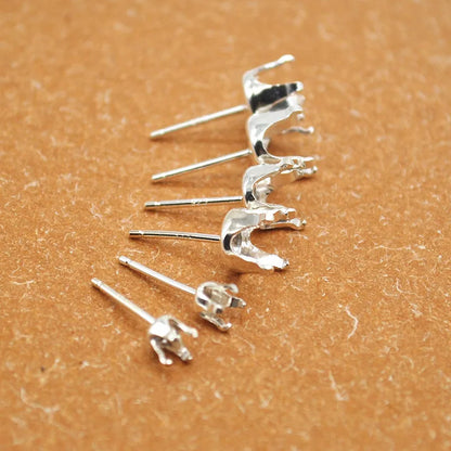 1 Pair Solid Sterling Silver Round Earring Stud Post Components Prongy for Jewelry Stones Beads Making Snaps in Settings