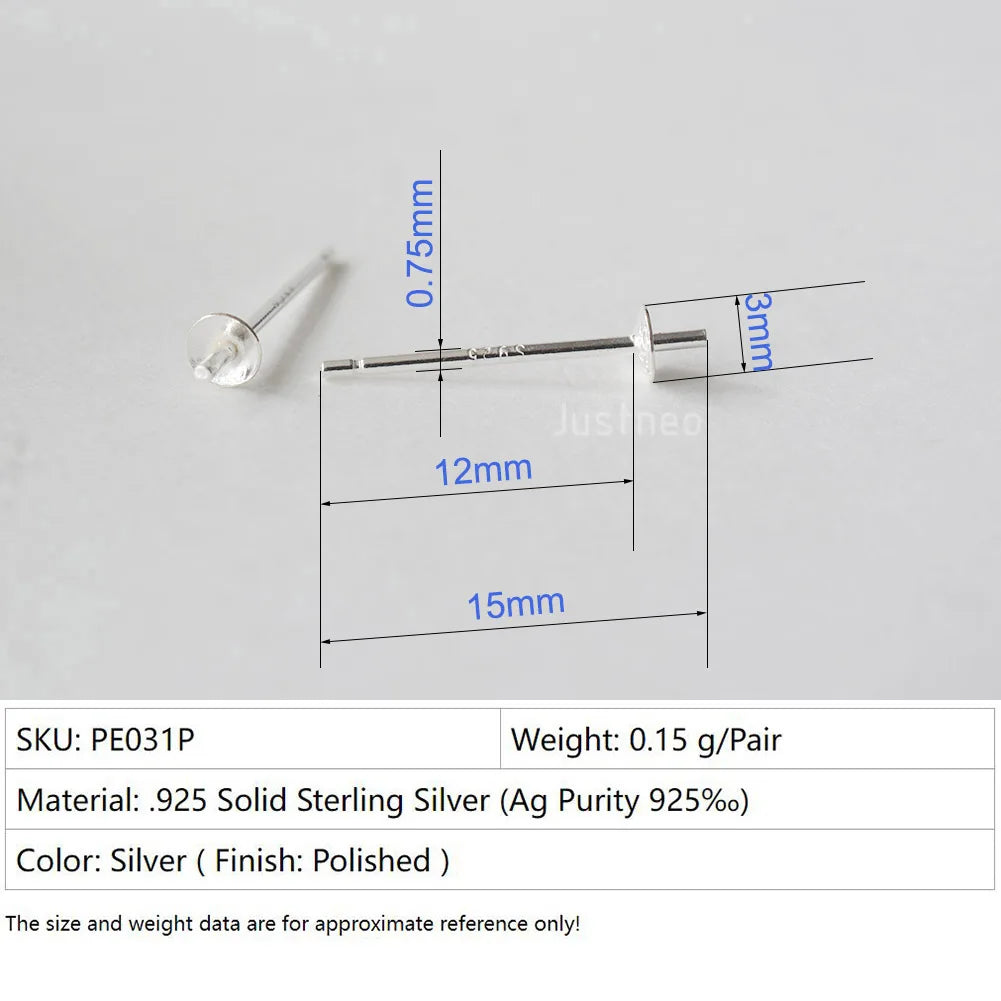 Solid 925 Sterling Silver Earring Studs Ear Post Finding with Cupped Pad for Holding Pearl Gemstone Beads