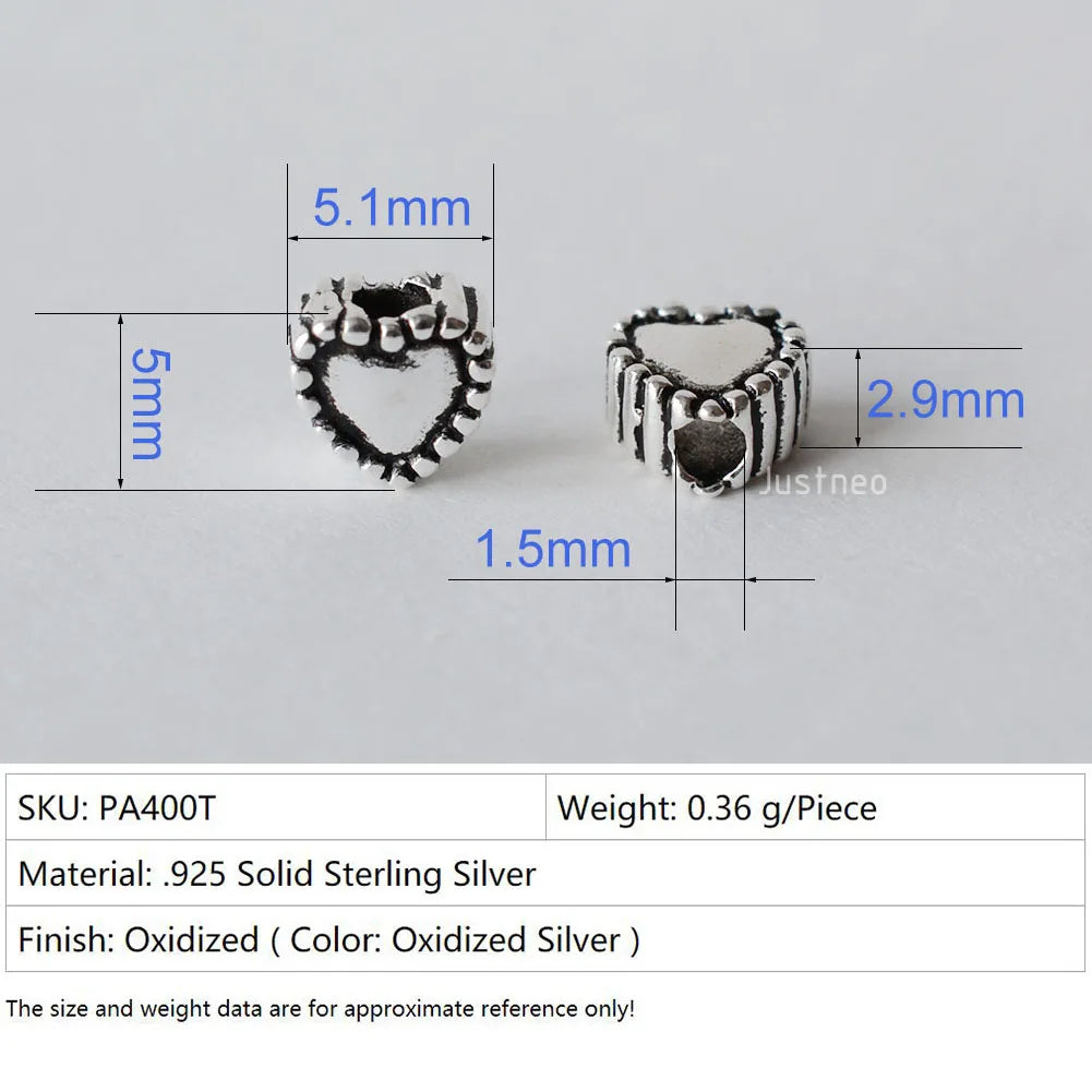 solid 925 sterling silver Heart-shaped charm beads, Thai Silver spacer loose bead with 1.2mm hole jewelry diy components