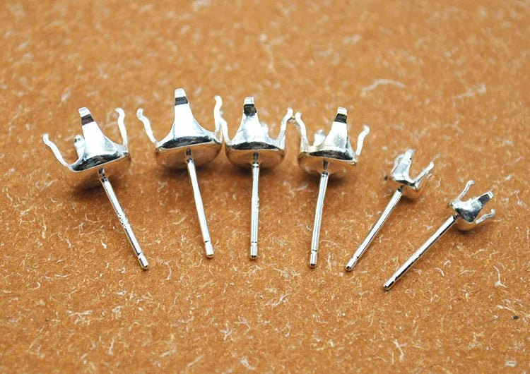 1 Pair Solid Sterling Silver Round Earring Stud Post Components Prongy for Jewelry Stones Beads Making Snaps in Settings