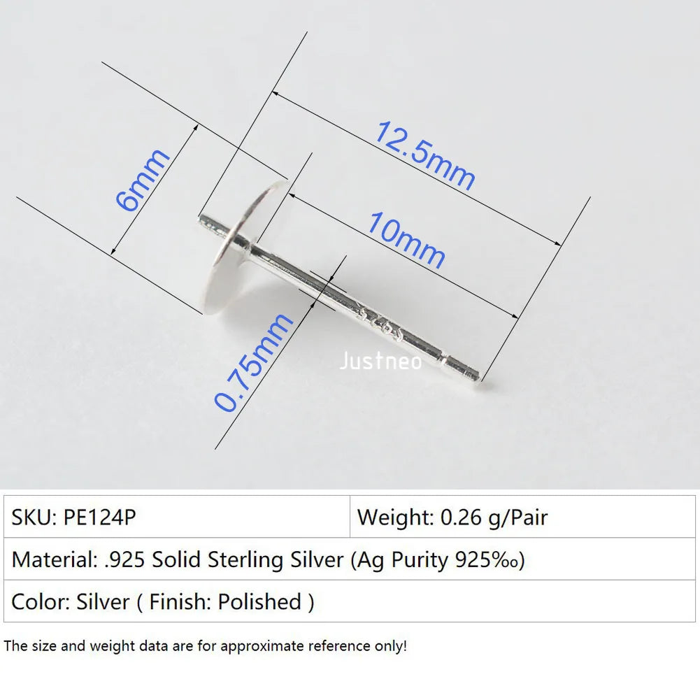 925 Sterling Silver blank post stud earrings with Flat Pad for jewelry making
