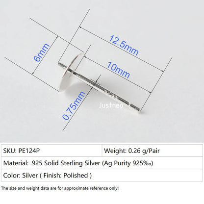 925 Sterling Silver blank post stud earrings with Flat Pad for jewelry making