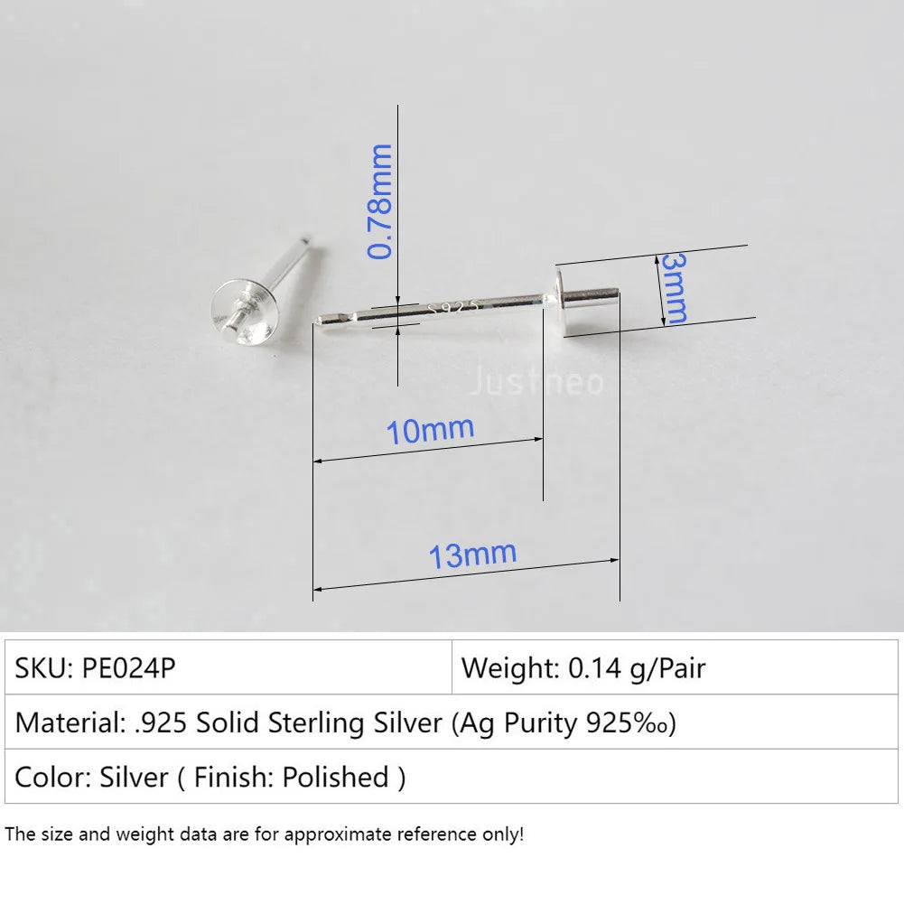 Solid 925 Sterling Silver Earring Studs Ear Post Finding with Cupped Pad for Holding Pearl Gemstone Beads