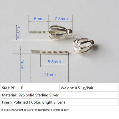 Solid 925 Sterling Silver screw Stud Earring Post Pin with screw earring backs for Pearl earring stud Jewelry diy Components