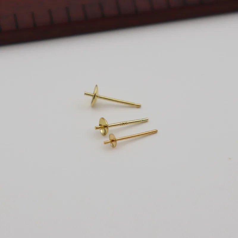 1Pair Solid 925 Sterling Silver Earring Holder Empty DIY Accessories 18K Gold Color Half Hole Pearl Round Beads Plate Ear
