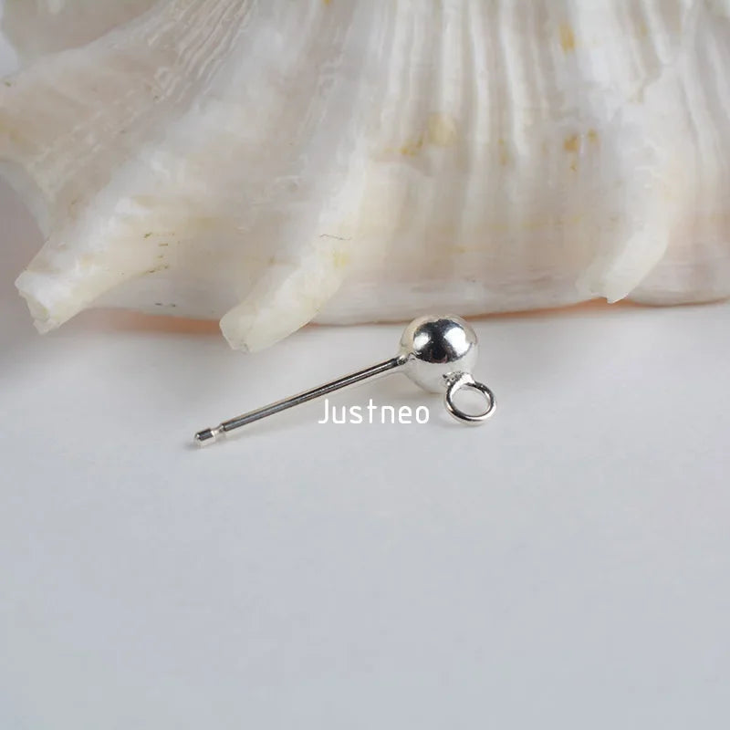 Solid 925 Sterling Silver Ball Earring Post 4 mm with Closed Jump Ring ,1pair