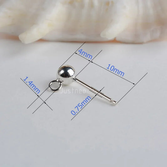 Solid 925 Sterling Silver Ball Earring Post 4 mm with Closed Jump Ring ,1pair