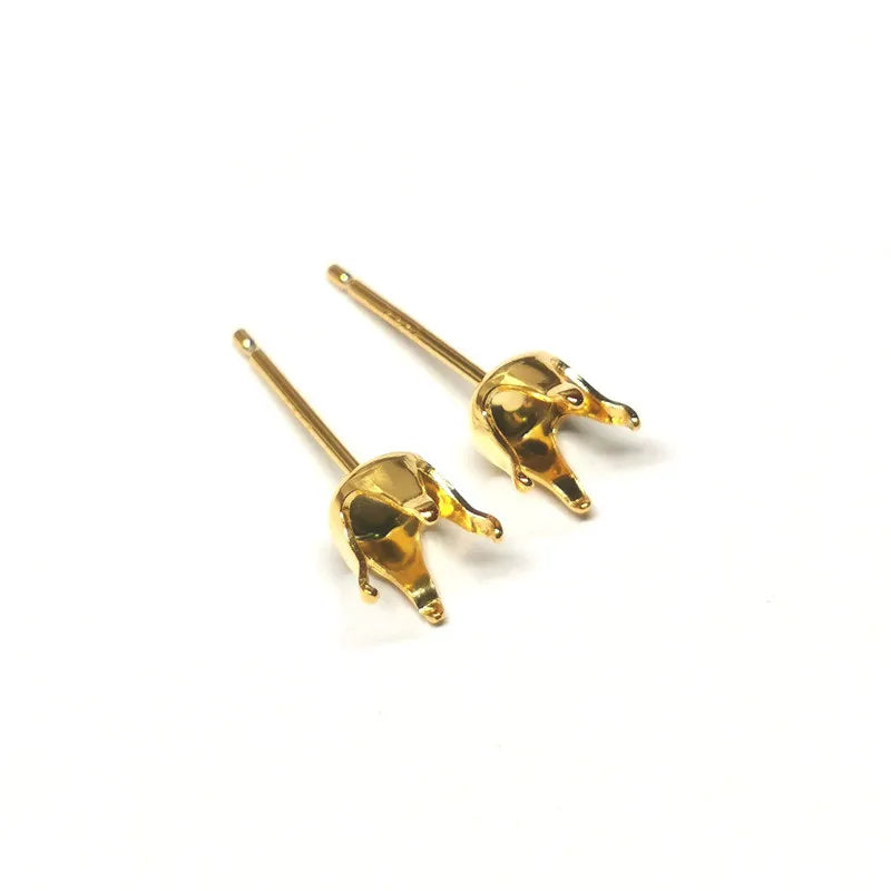 Solid 925 Sterling Silver Round Earring Stud Post 18K Gold Color Pronged for Jewelry Stones Beads Making Snaps in Setting