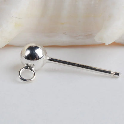 Solid 925 Sterling Silver Ball Earring Post 4 mm with Closed Jump Ring ,1pair